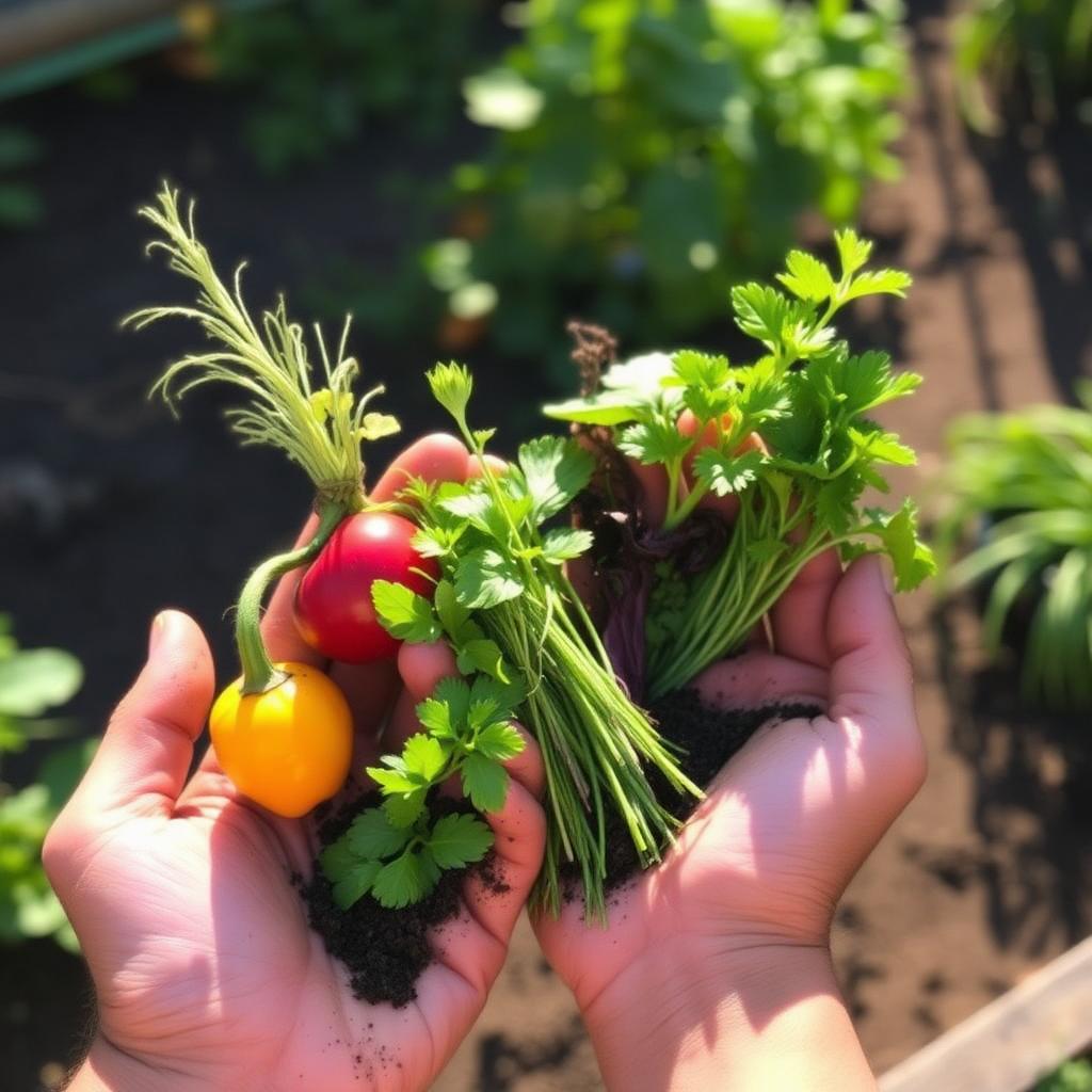 Hands holding fresh garden vegetables