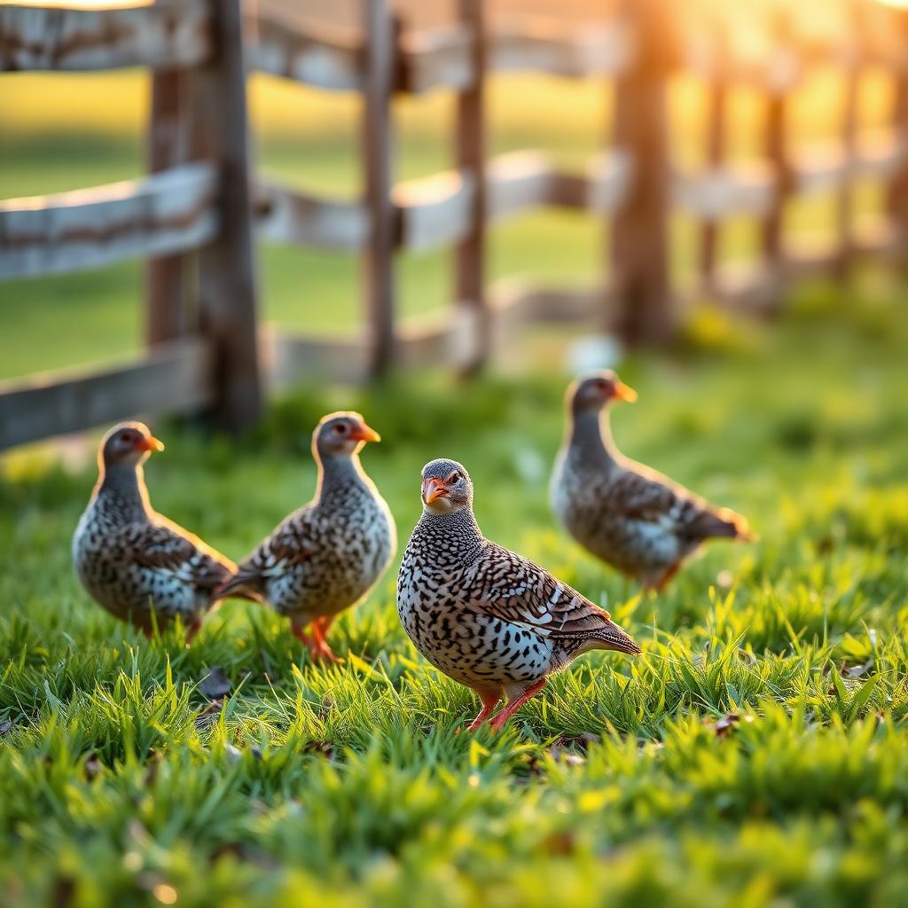 Free-range quail grazing at golden hour
